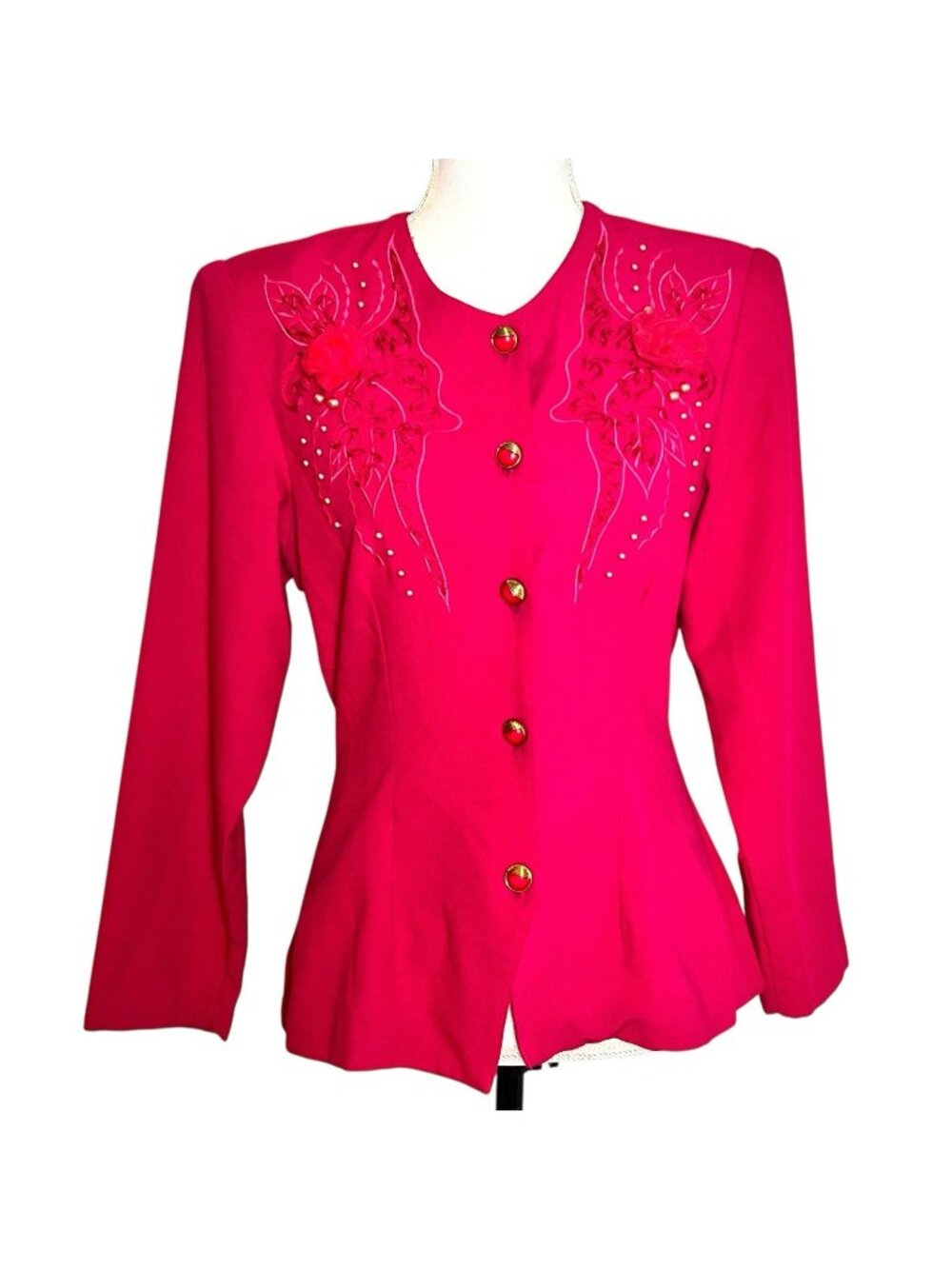 Fantazia Vintage 80s Pink Embellished Blazer Jacket M Floral Appliqué USA Made
